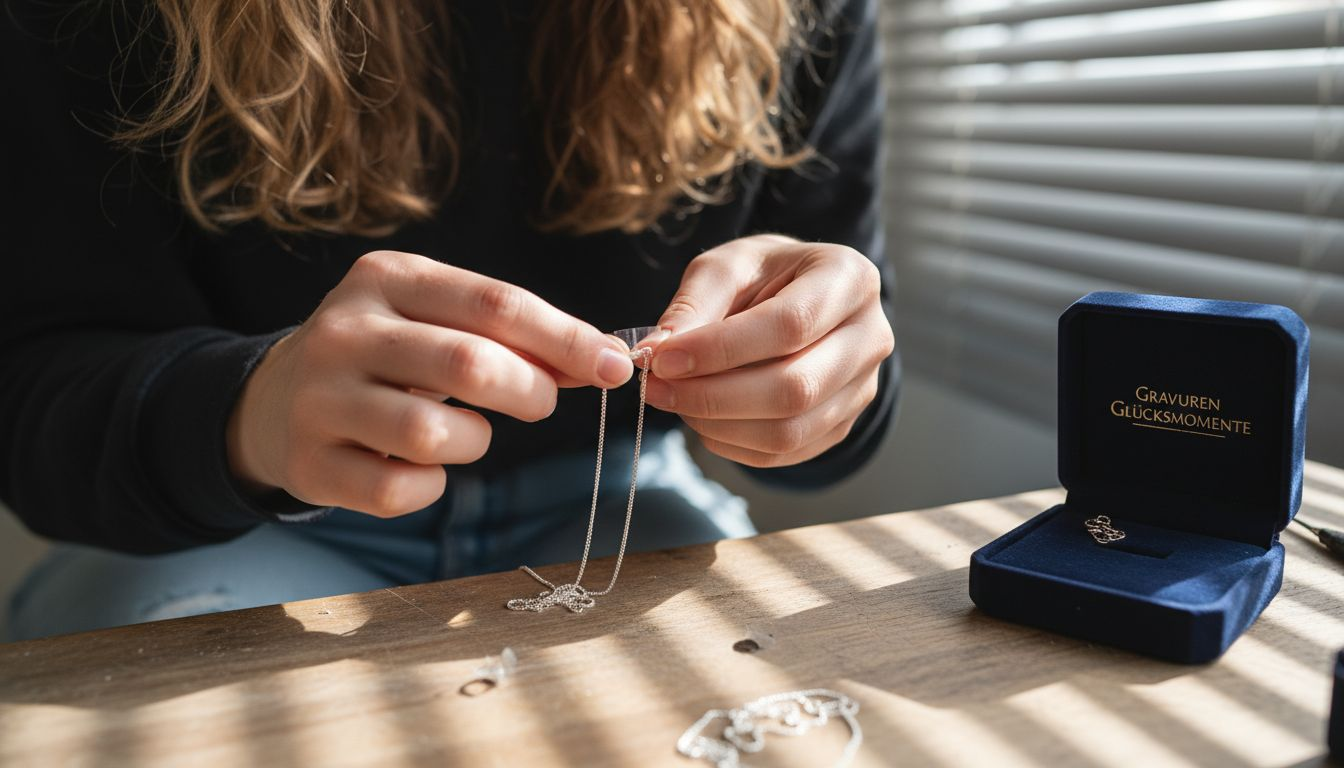Eine Frau kennzeichnet die Stelle an einer Silberkette, an der sie etwas anbringen oder bearbeiten möchte.