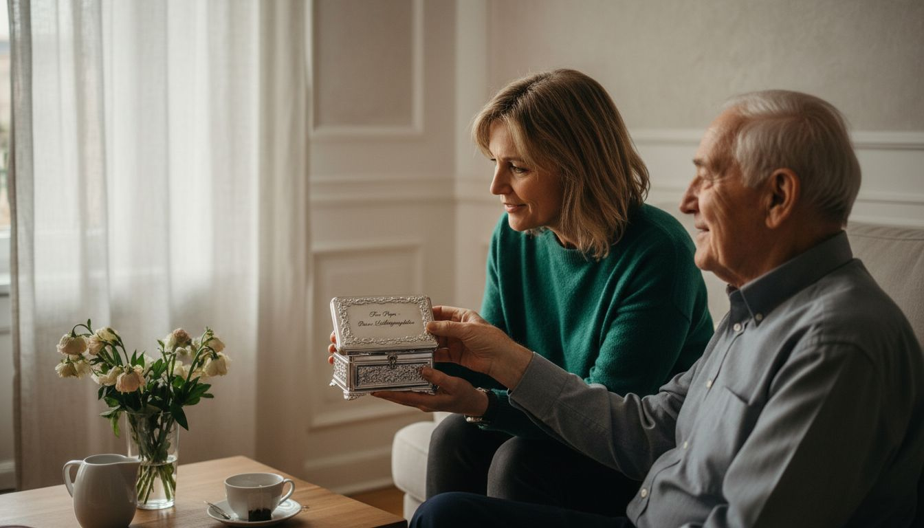 Eine Frau überreicht einem älteren Herrn eine gravierte Schatulle als Geschenk.