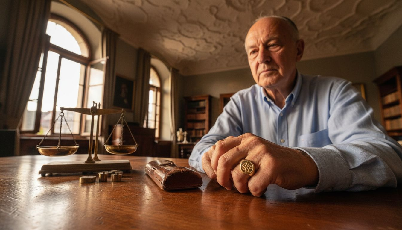 Ein Mann blickt gedankenverloren auf den Siegelring an seiner Hand.