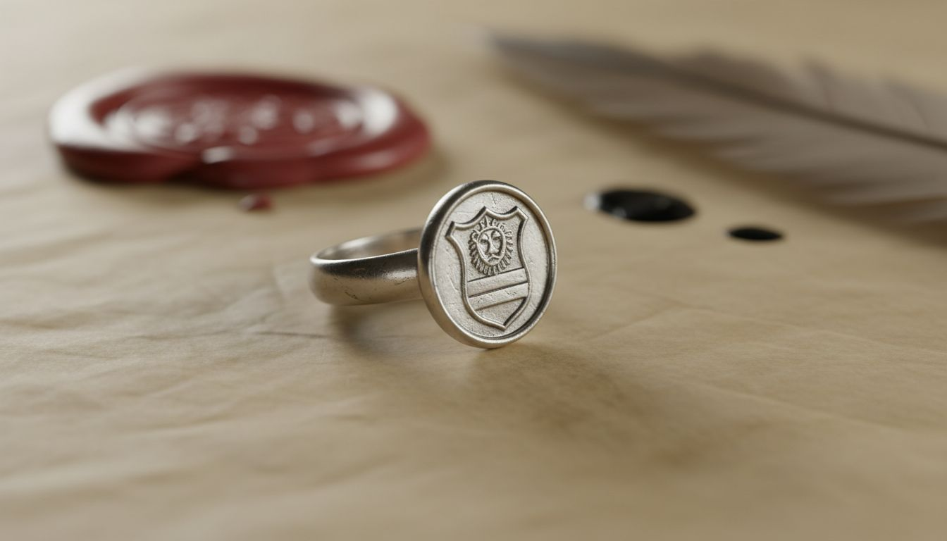 Eleganter Siegelring aus Silber mit individuell gestalteter Gravur auf edlem Pergament präsentiert.