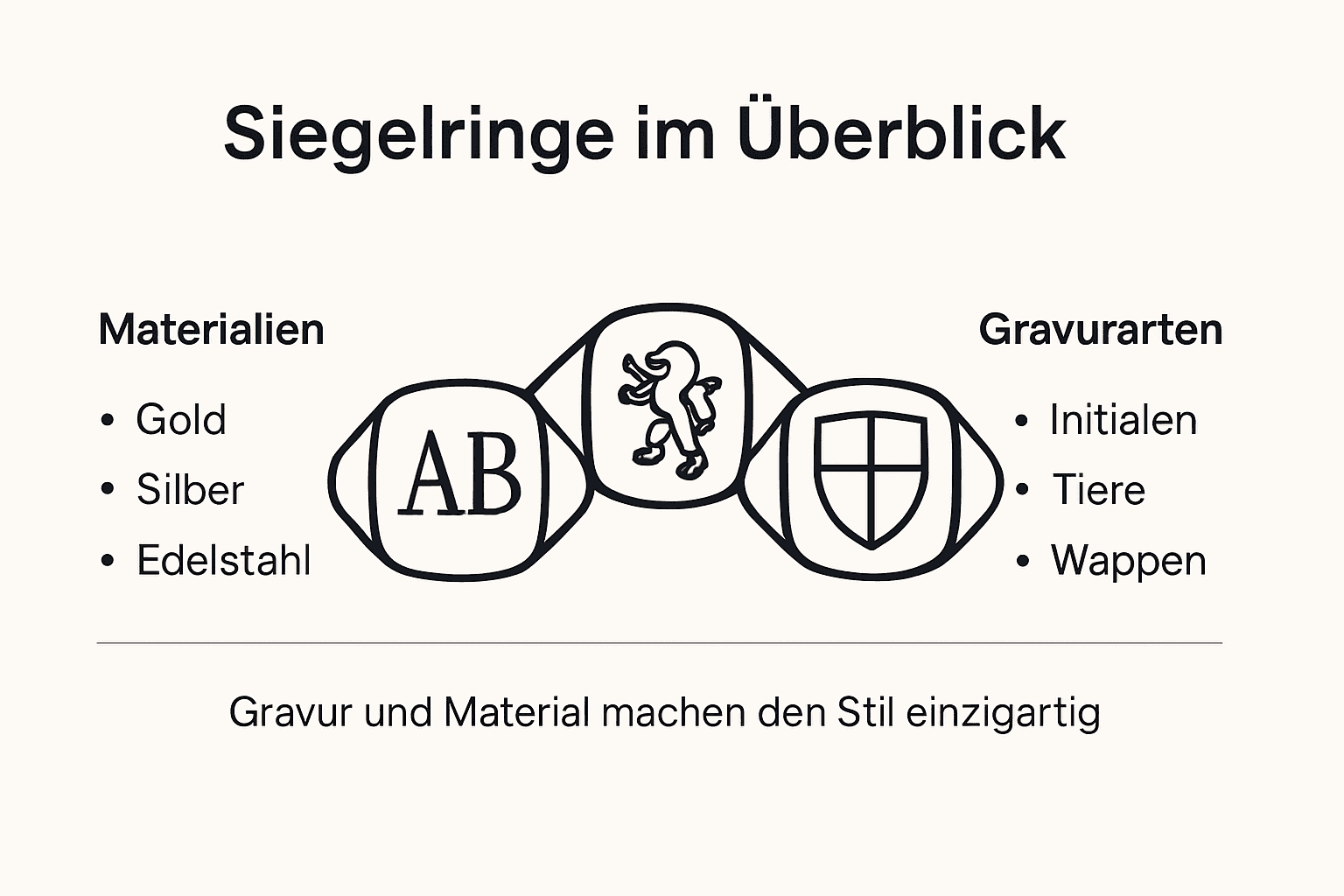 Infografik: Materialien und Gravurmöglichkeiten von Siegelringen im Überblick