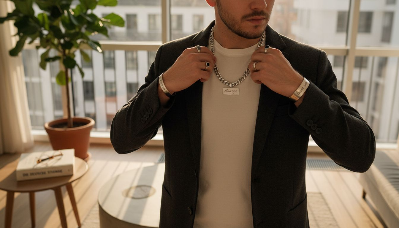 Ein junger Mann steht am Fenster und richtet seine Halskette.