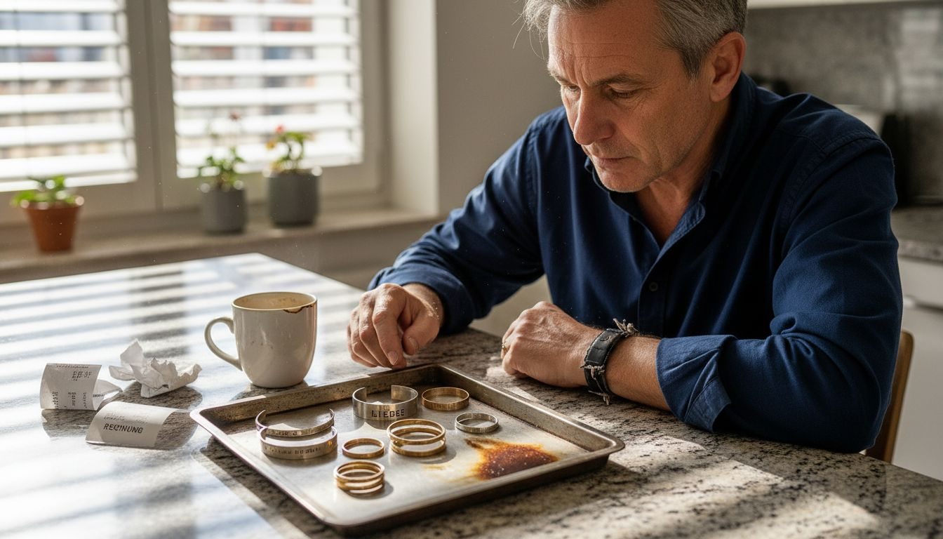 Ein Mann betrachtet Schmuckstücke wie Armbänder und Ringe in seiner Küche.