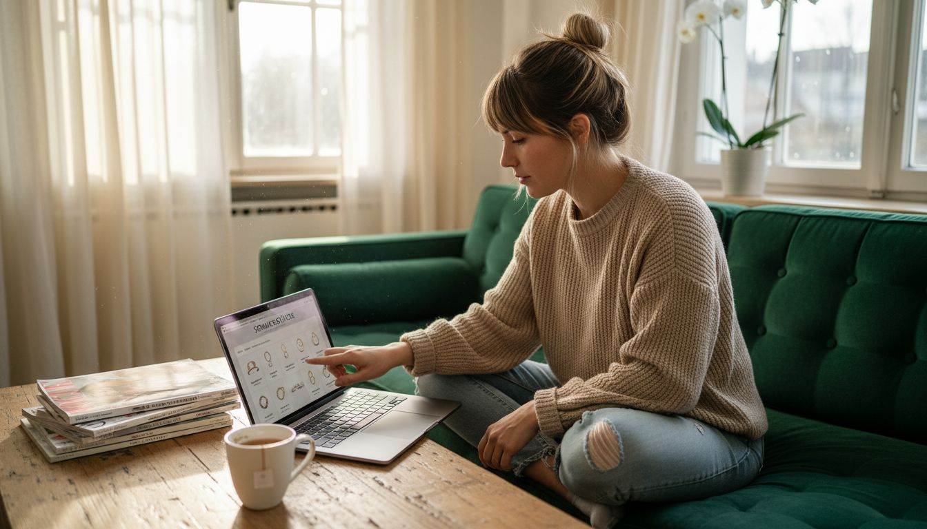 Eine Frau stöbert entspannt in ihrem gemütlichen Zuhause durch verschiedene Schmuckstücke.