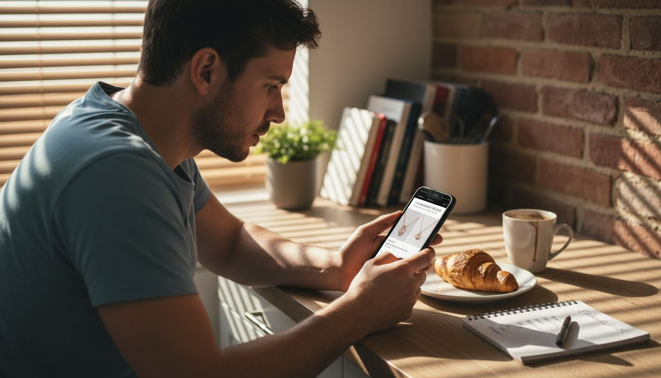 Ein Mann begutachtet verschiedene Schmuckstücke am Küchentisch und vergleicht sie miteinander.