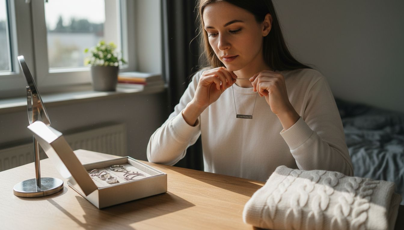 Eine Frau legt sich vor dem Spiegel eine Halskette aus Edelstahl an.