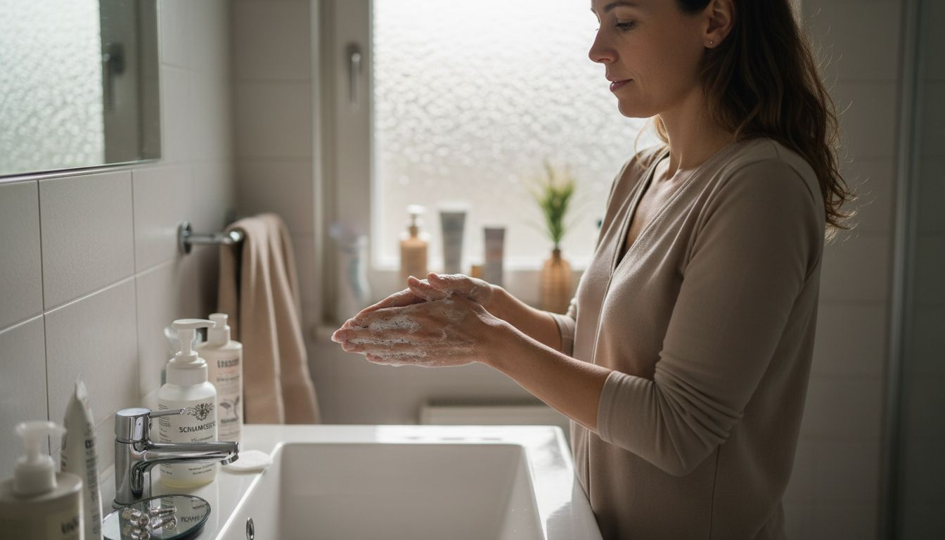 Bevor sie ihre Ohrringe anlegt, wäscht die Frau sich gründlich die Hände.