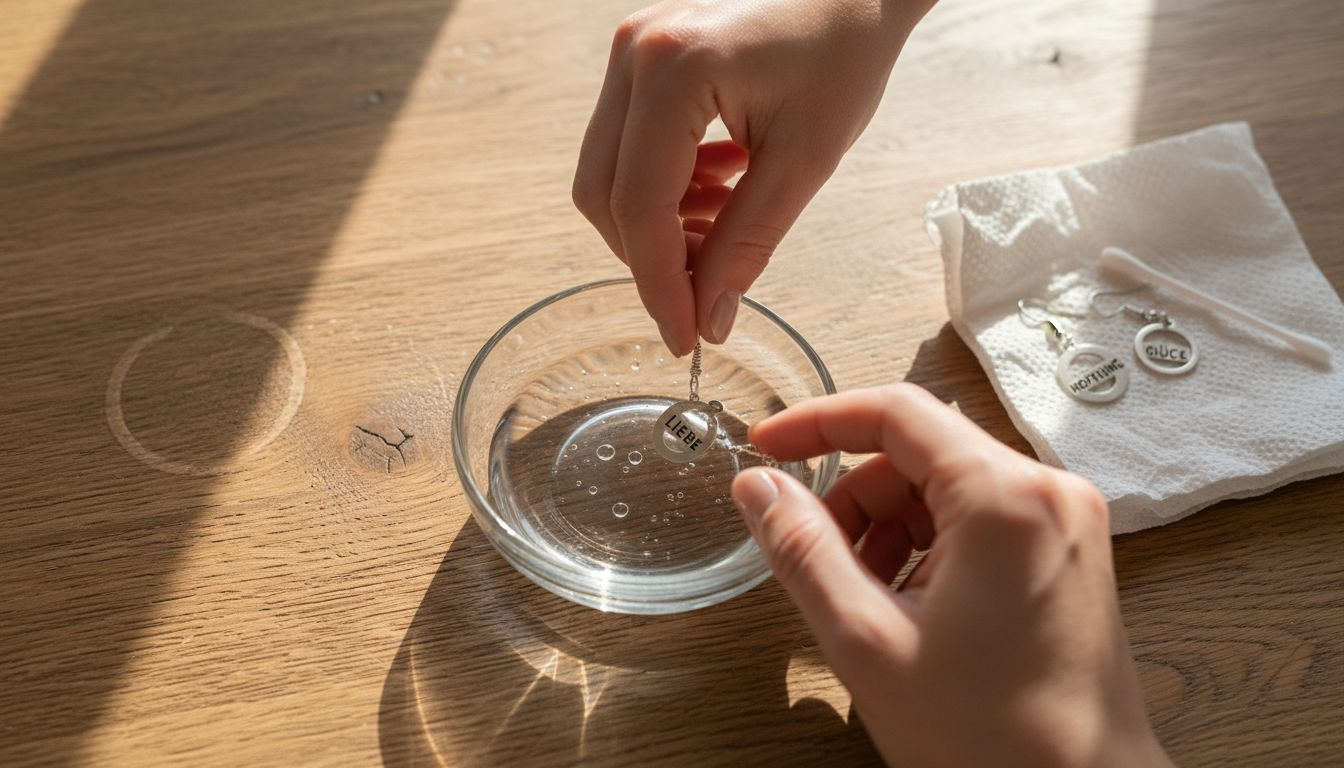 Ein Ohrring wird zur Reinigung in eine Schale mit Alkohol gelegt.
