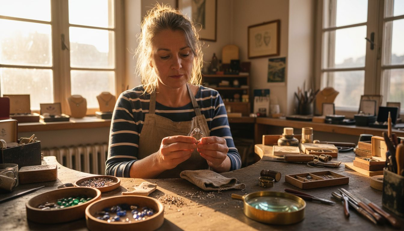 Ein Goldschmied begutachtet einen Ring sorgfältig im Sonnenlicht seines Ateliers.