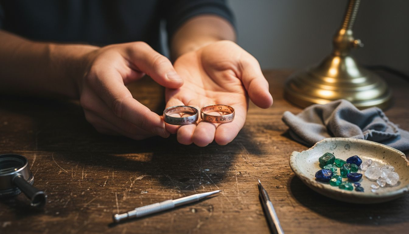 Ein Paar hält liebevoll ihre gravierten Eheringe in den Händen.