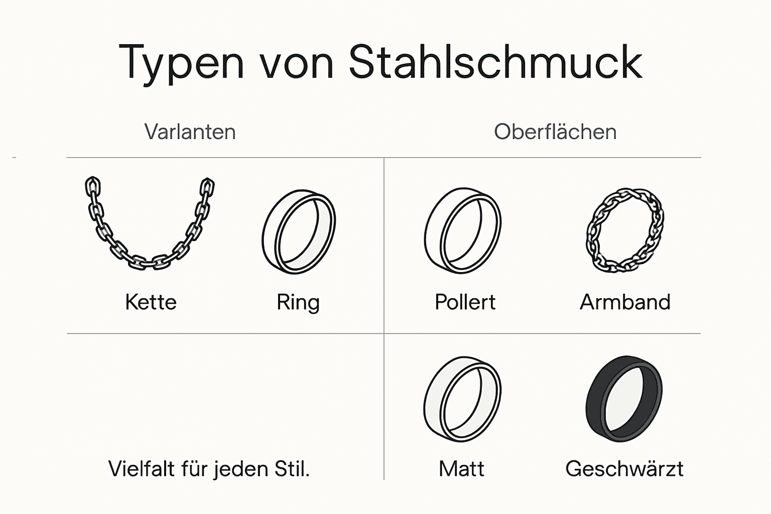 In dieser Infografik erhalten Sie einen Überblick über die verschiedenen Arten und Ausführungen von Schmuck aus Edelstahl.