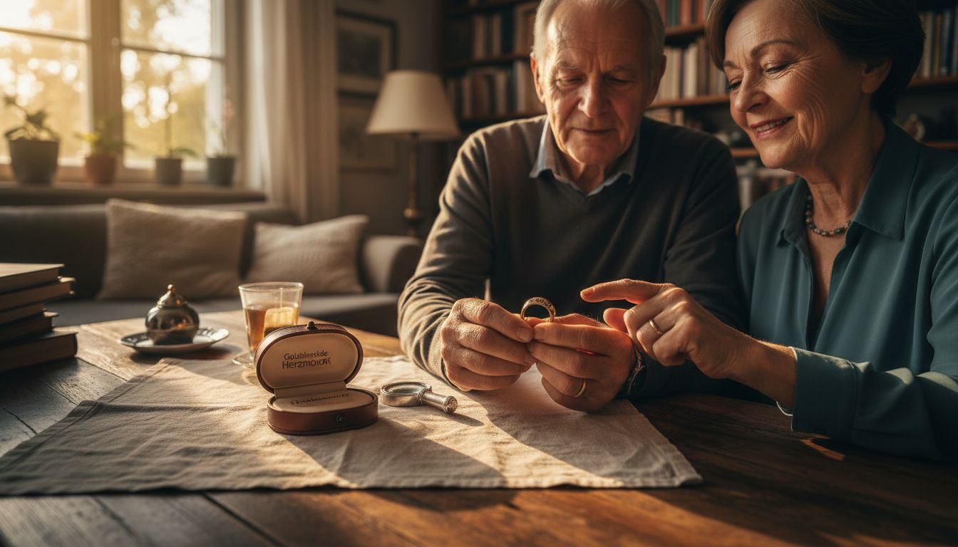 Ein Paar bewundert gemeinsam einen Schmuckring mit Gravur.