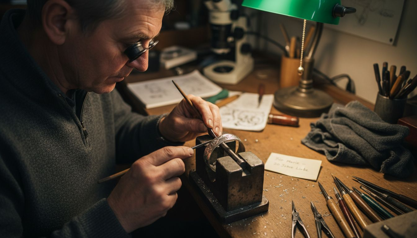 Ein Graveur verleiht einem Schmuckstück mit geschickter Hand und speziellem Werkzeug den letzten Schliff.