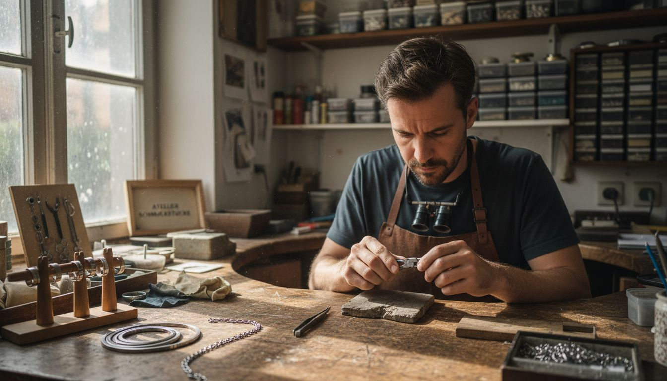 Ein Goldschmied bearbeitet Edelstahl an seinem Werktisch.