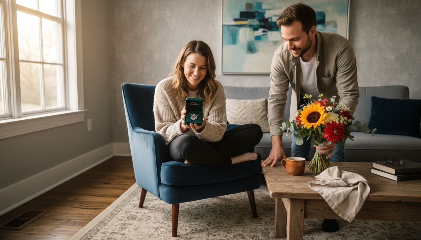 Im Wohnzimmer packt eine Frau freudig ihr Schmuckgeschenk aus.