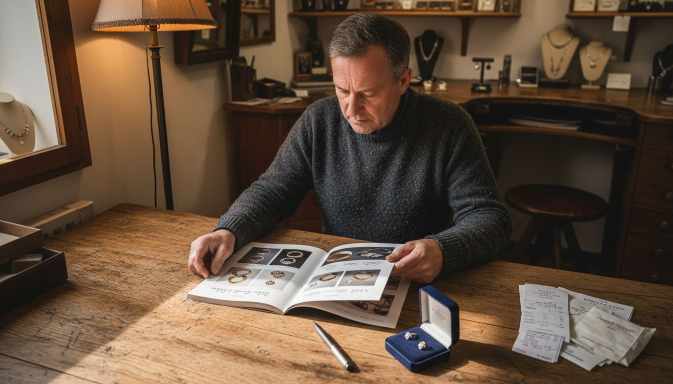 Ein Mann blättert am Tisch interessiert durch eine Schmuckbroschüre.