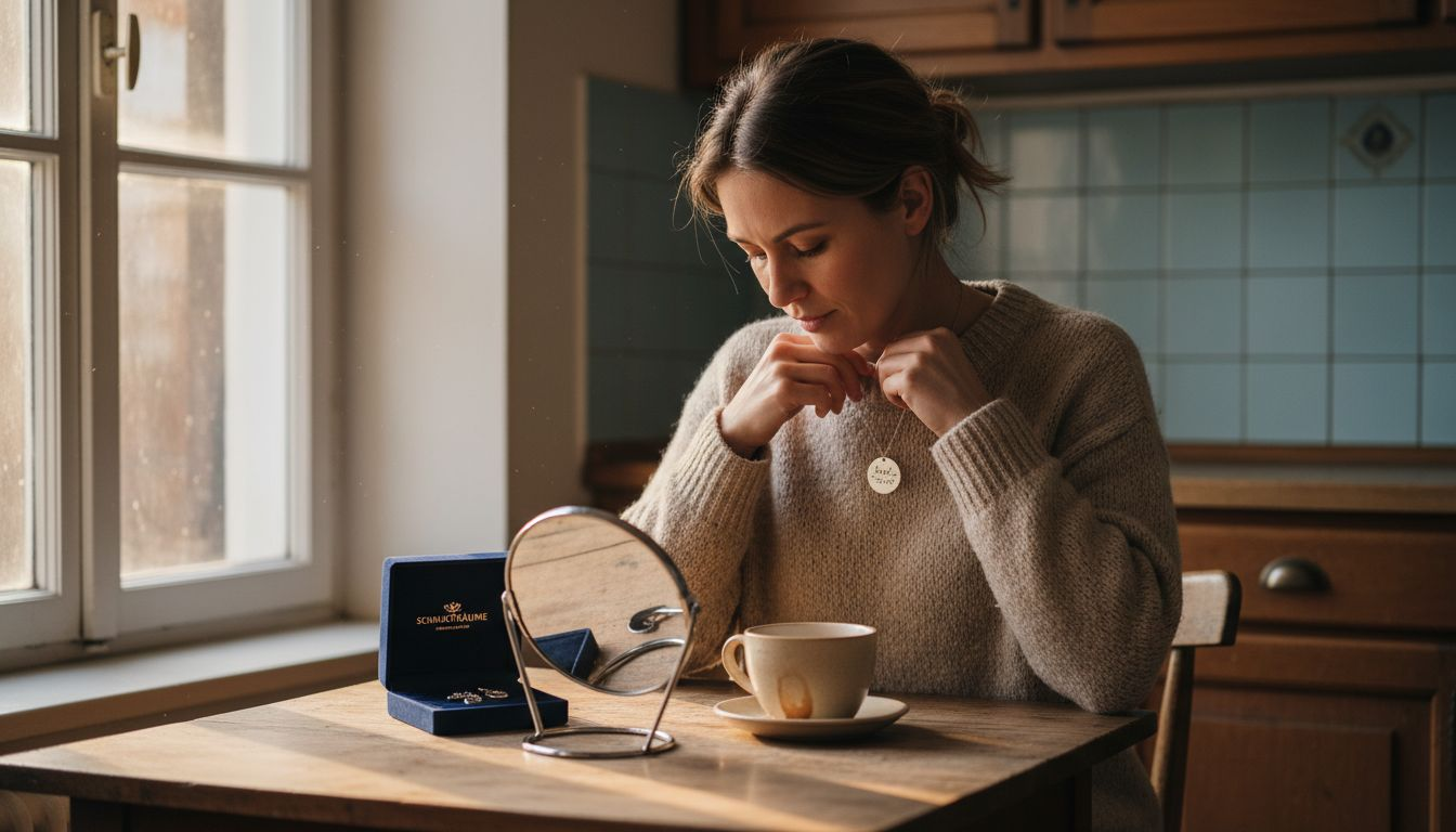 In ihrer behaglichen Küche legt eine Frau ihren Silberschmuck an.