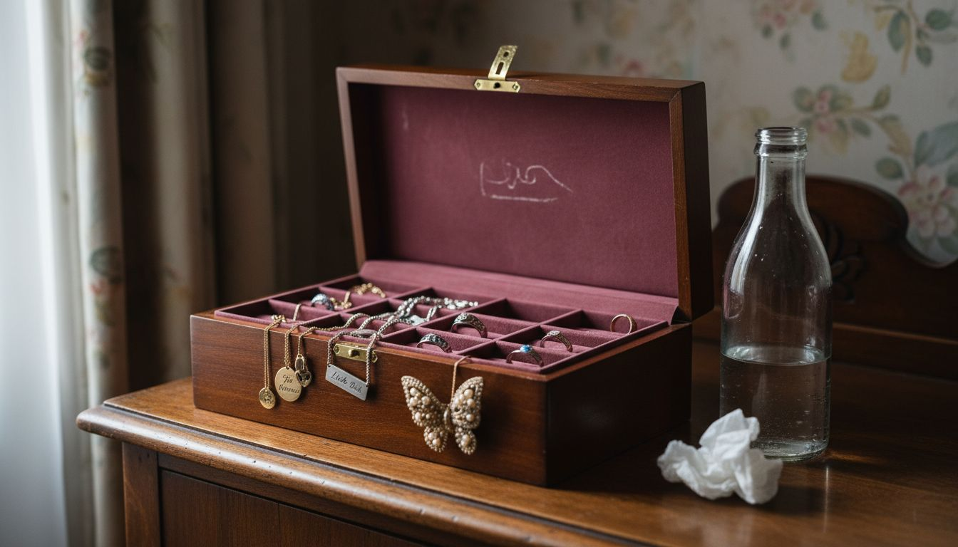 Ein geöffneter Schmuckkasten mit mehreren Fächern, in denen Ringe, Ketten und andere Kostbarkeiten ordentlich getrennt aufbewahrt werden.