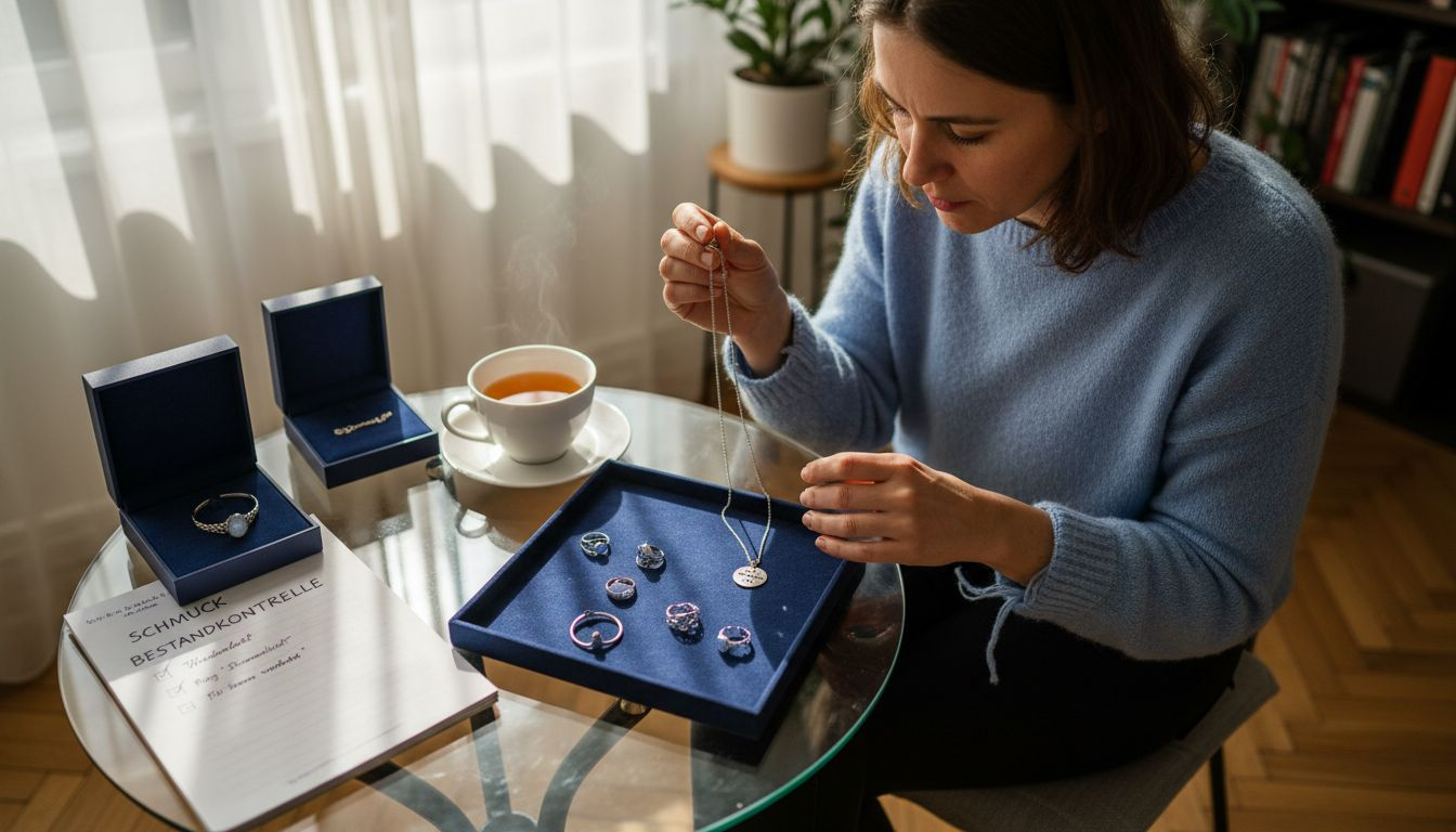 Eine Frau betrachtet und begutachtet in gemütlicher Atmosphäre zu Hause ausgefallene Schmuckstücke.