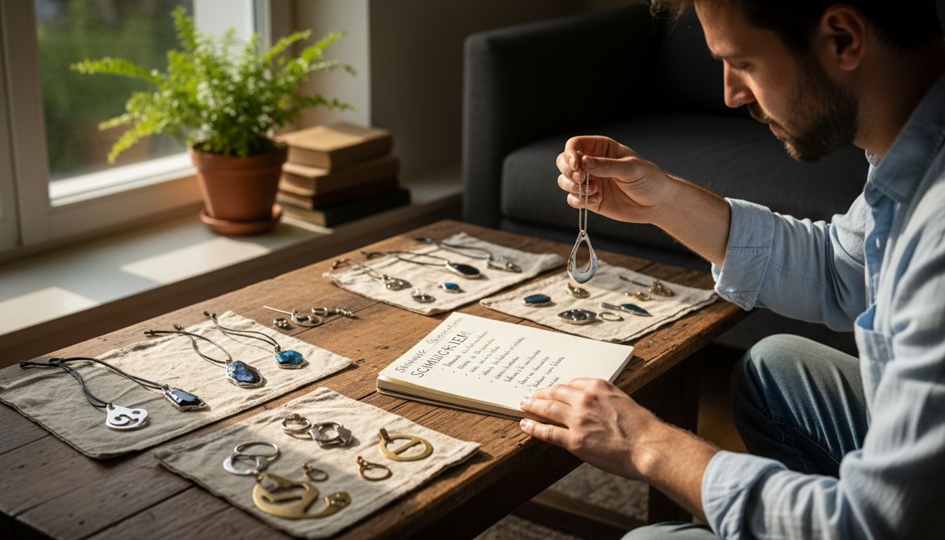 Ein Mann prüft verschiedene Materialien, um das passende für seinen Gravur-Schmuck auszuwählen.
