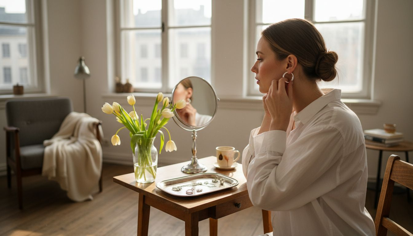 Eine Frau steckt sich vor dem Spiegel elegante silberne Ohrringe an.