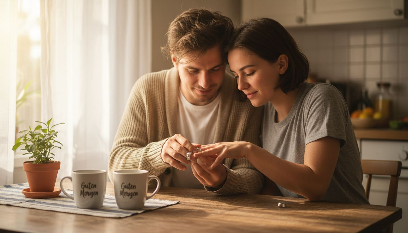 Ein Paar steckt sich am gemütlichen Küchentisch die Ringe an.
