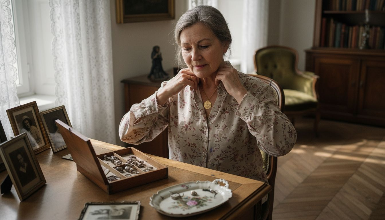 Eine ältere Dame sitzt an ihrem Schminktisch und legt sich liebevoll ihren alten Familienschmuck an.