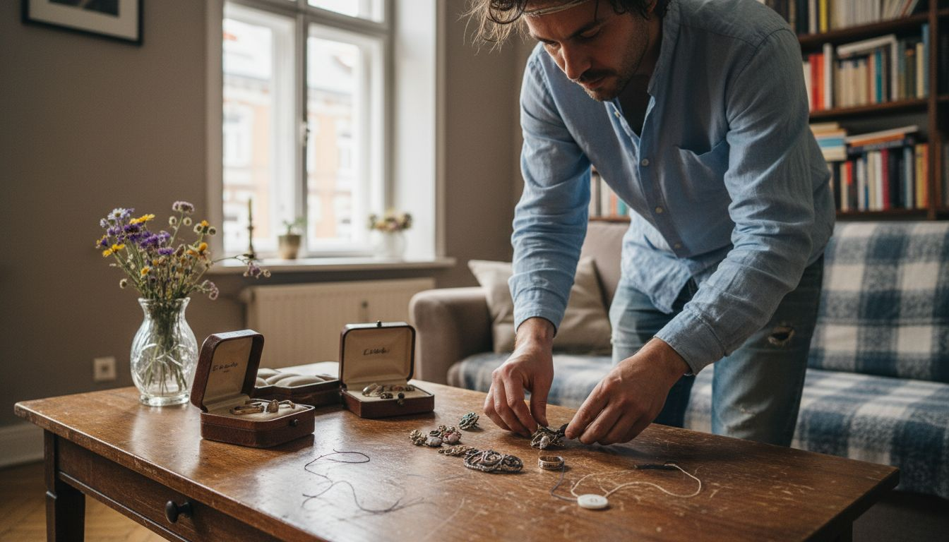 Ein Mann sortiert Schmuckstücke aus verschiedenen historischen Epochen.