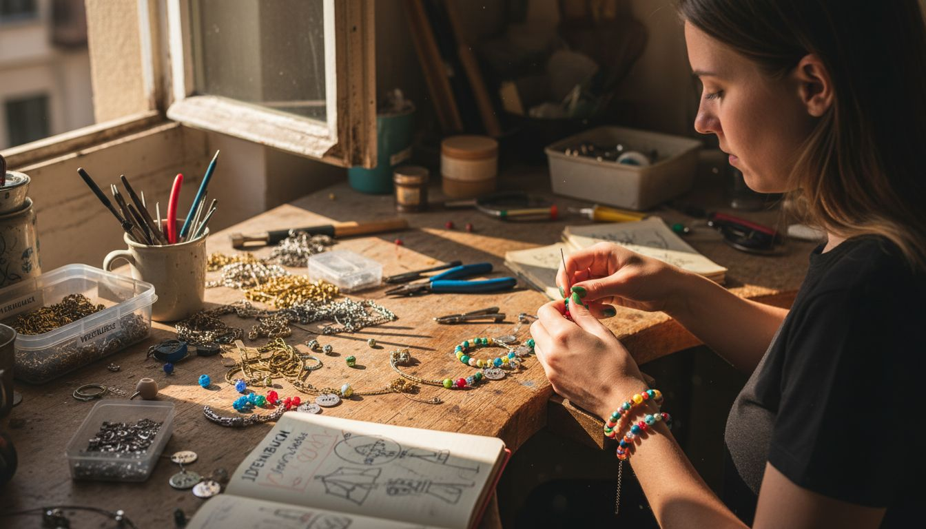 Eine Frau bastelt an einem unordentlichen Tisch eigenen Schmuck.