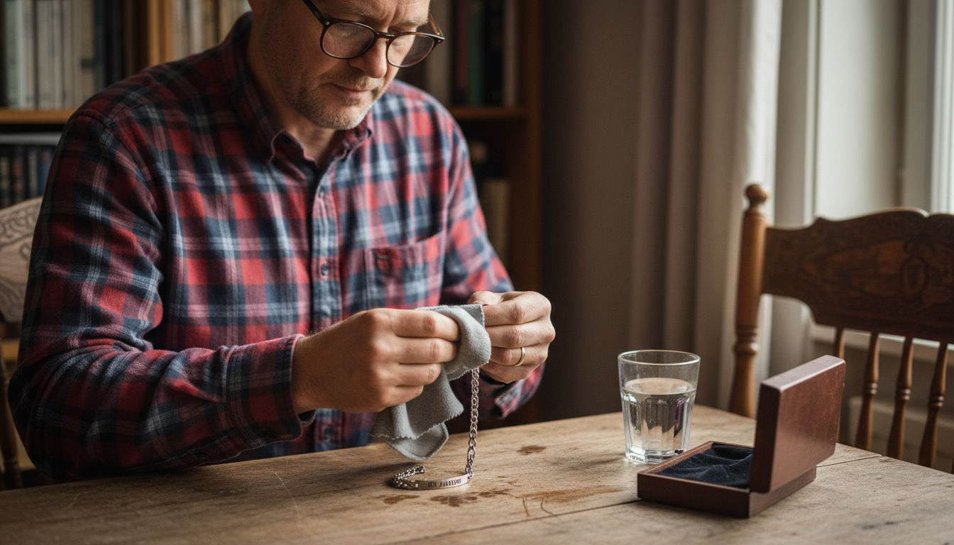 Jemand trocknet seinen Silberschmuck auf dem Tisch ab.