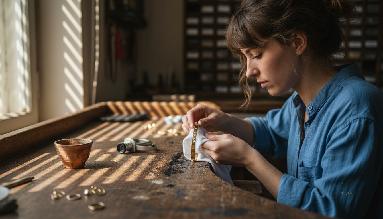 An ihrer Werkbank bringt eine Frau ein Armband zum Glänzen.