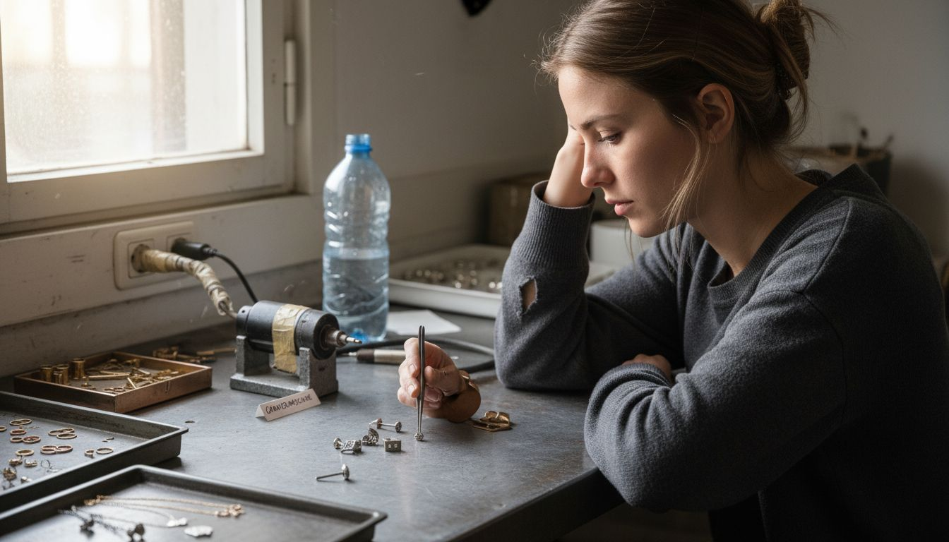 Eine Frau begutachtet Schmuckstücke, um herauszufinden, ob sie graviert werden können.