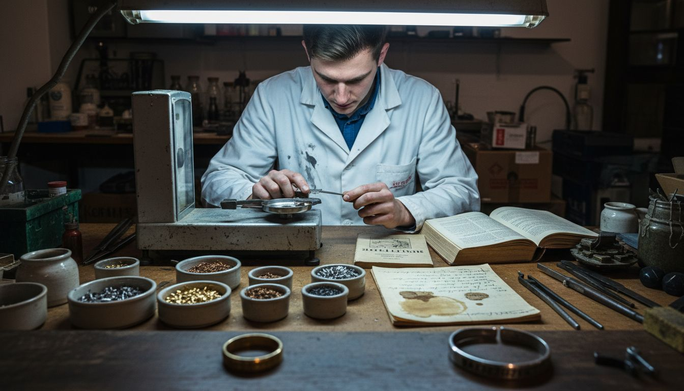 Im Labor untersucht ein Fachmann eine Silberprobe auf ihre Zusammensetzung.