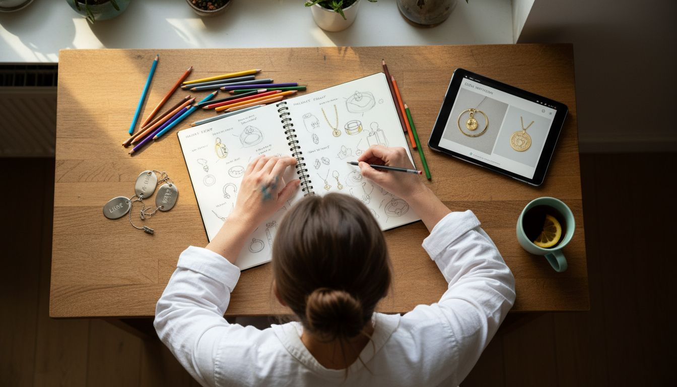 Ein Schmuckdesigner entwirft neue Gravurmotive und hält seine Ideen mit Skizzen fest.