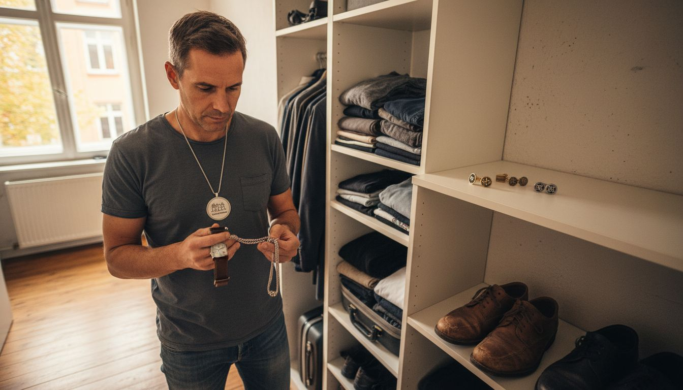 Ein Mann überlegt vor dem Kleiderschrank, welchen Schmuck er heute tragen möchte.