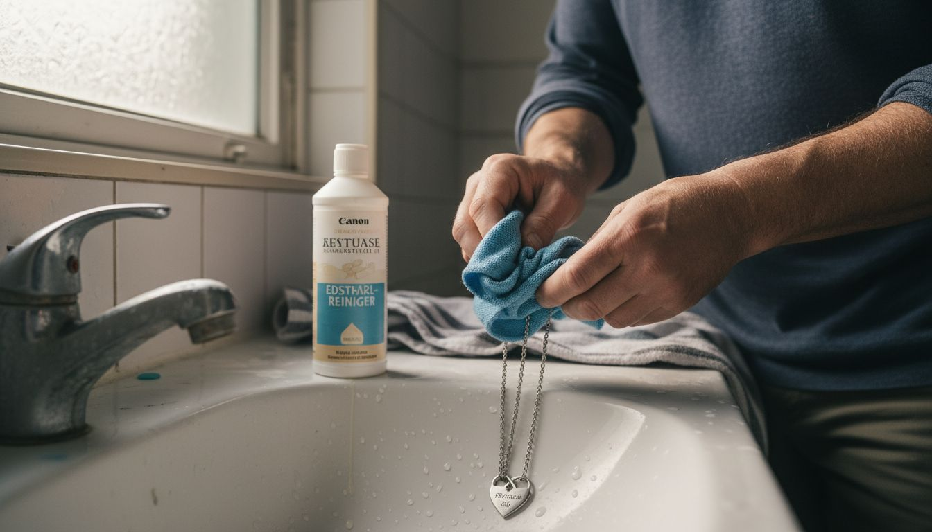 Ein Mann säubert die Kette mit einer speziellen Reinigungsflüssigkeit.