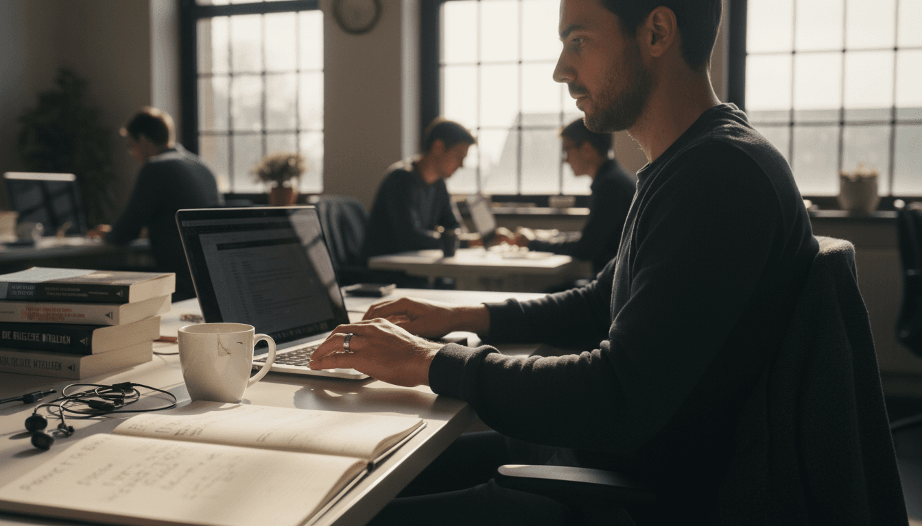 Ein Mann sitzt am Schreibtisch und tippt, während er einen Ring trägt.