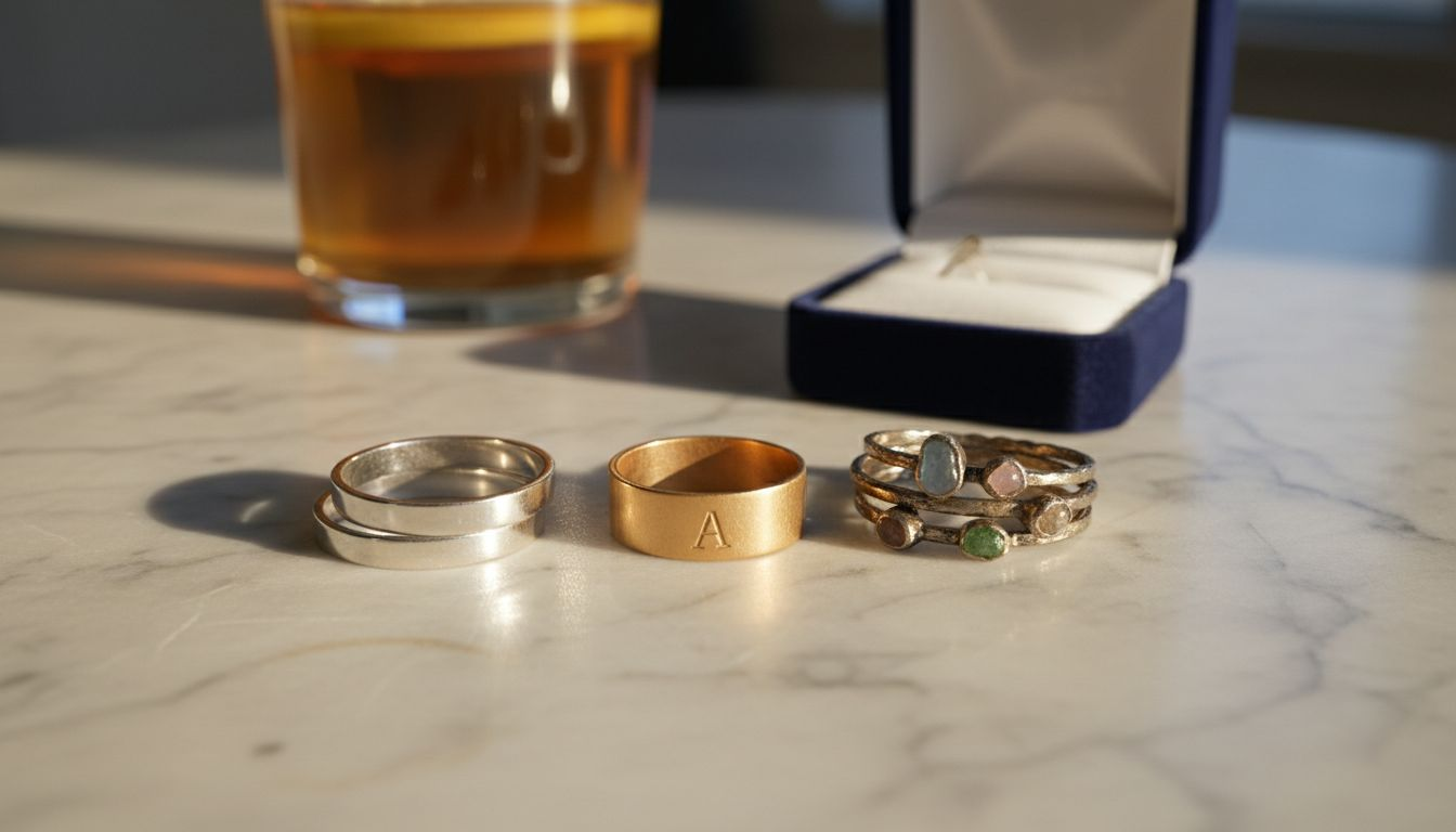 Detailaufnahme von silbernen Damenringen mit individueller Gravur