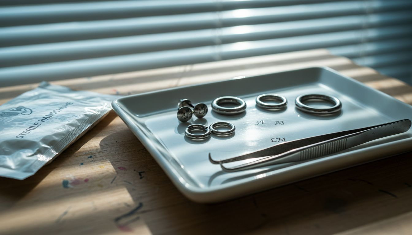 Makroaufnahme von Titanschmuck für Piercings mit sichtbaren Gebrauchsspuren