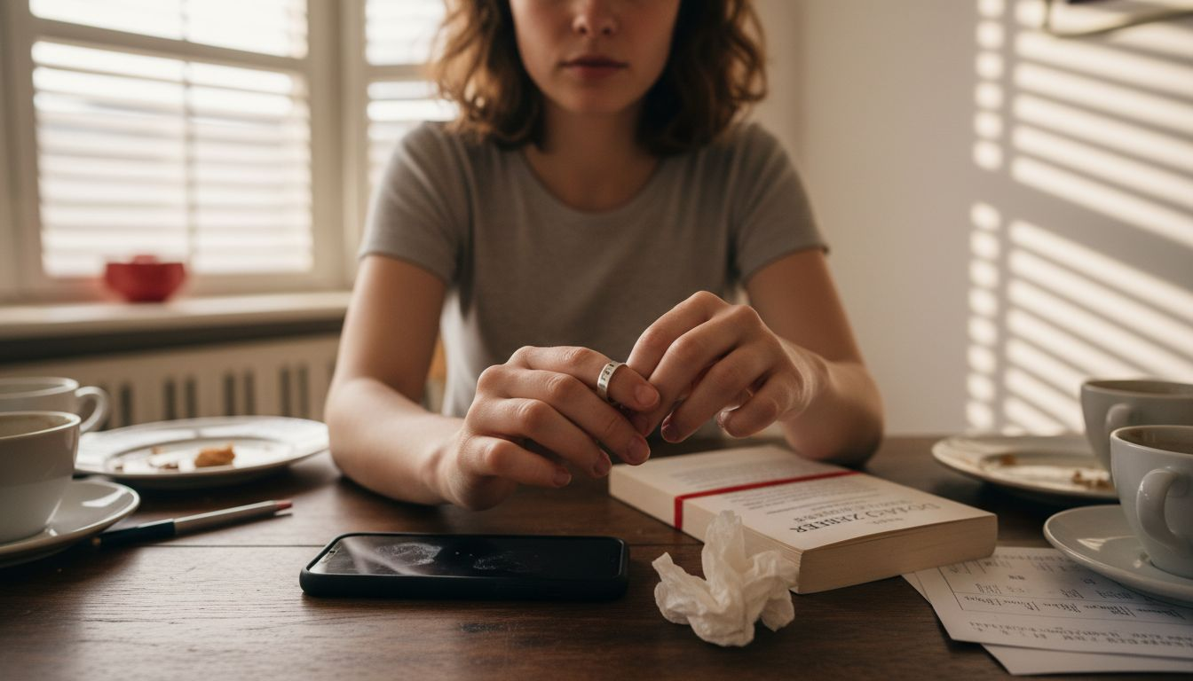 Eine Frau steckt sich an einem vollgepackten Tisch einen silbernen Ring an den Finger.