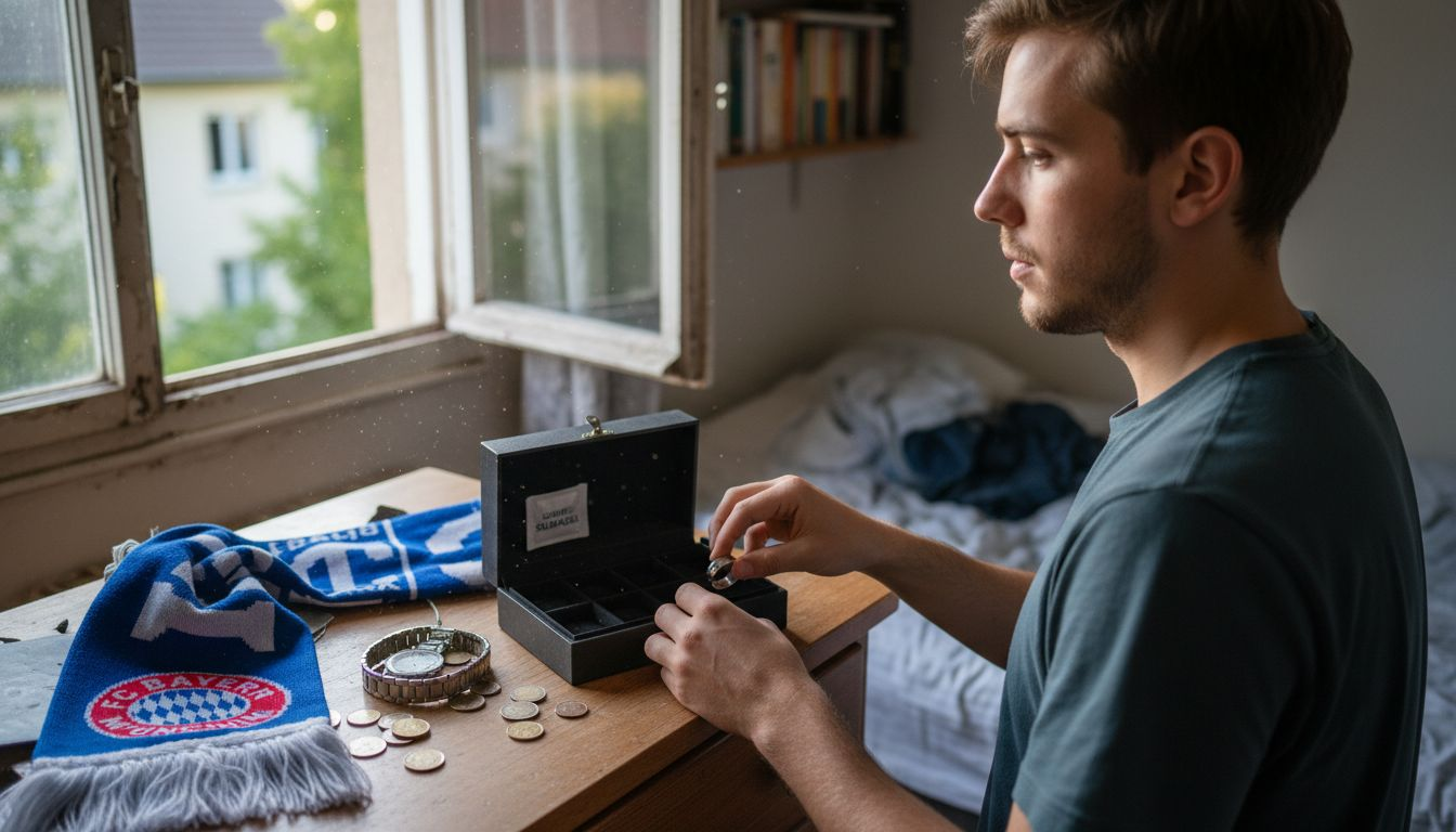 Ein Mann legt seinen Edelstahlring sorgfältig in eine Schmuckschatulle.