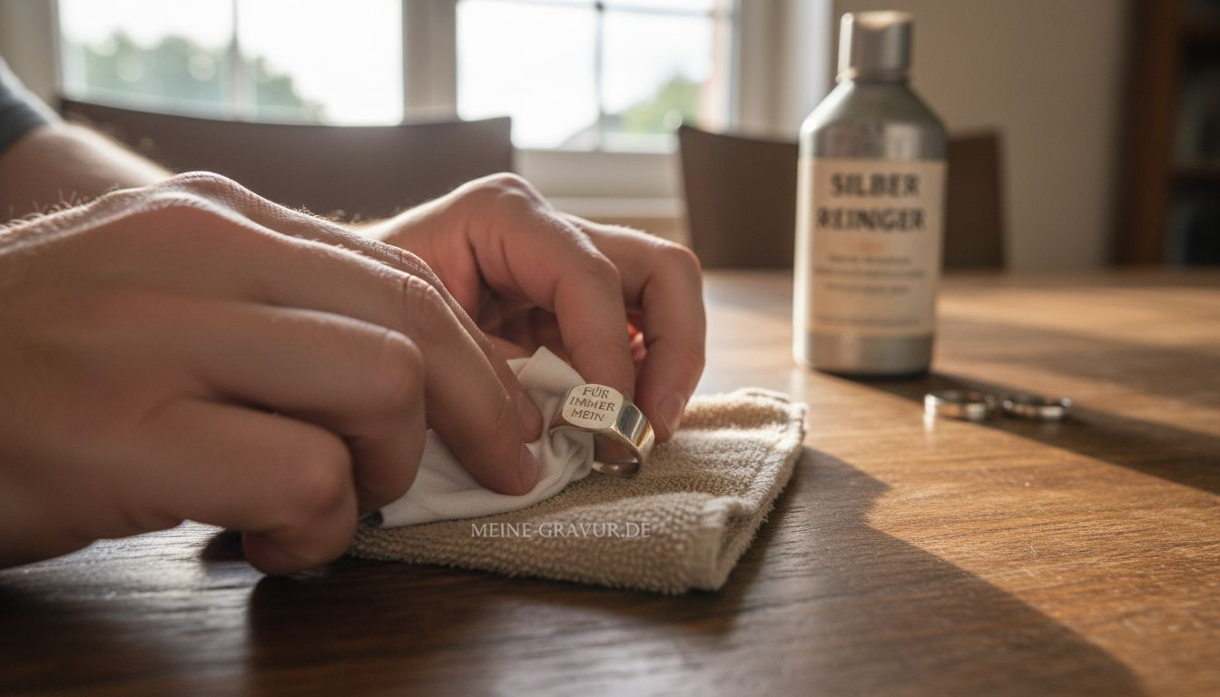 Mit einem weichen Tuch werden die Hände genutzt, um einen Silberring auf Hochglanz zu polieren.