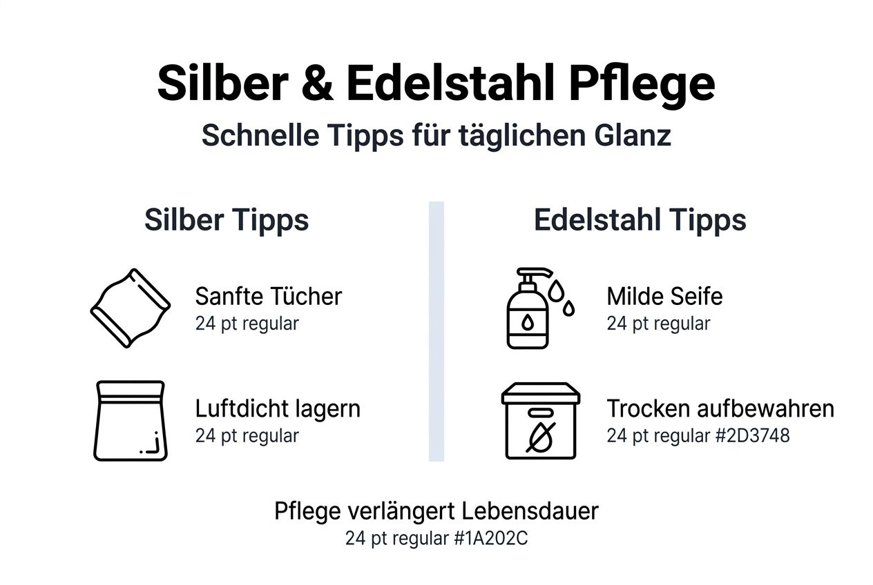 Praktische Tipps zur Pflege von Schmuck aus Silber und Edelstahl – übersichtlich in einer Infografik dargestellt