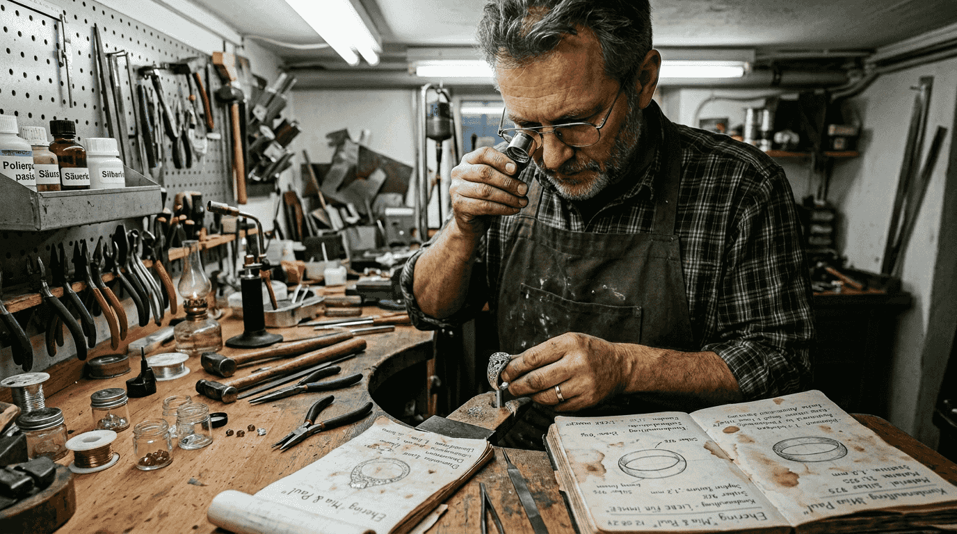 Ein Goldschmied konzentriert sich auf seine Arbeit an einer Werkbank, die voller Werkzeuge und Materialien liegt.