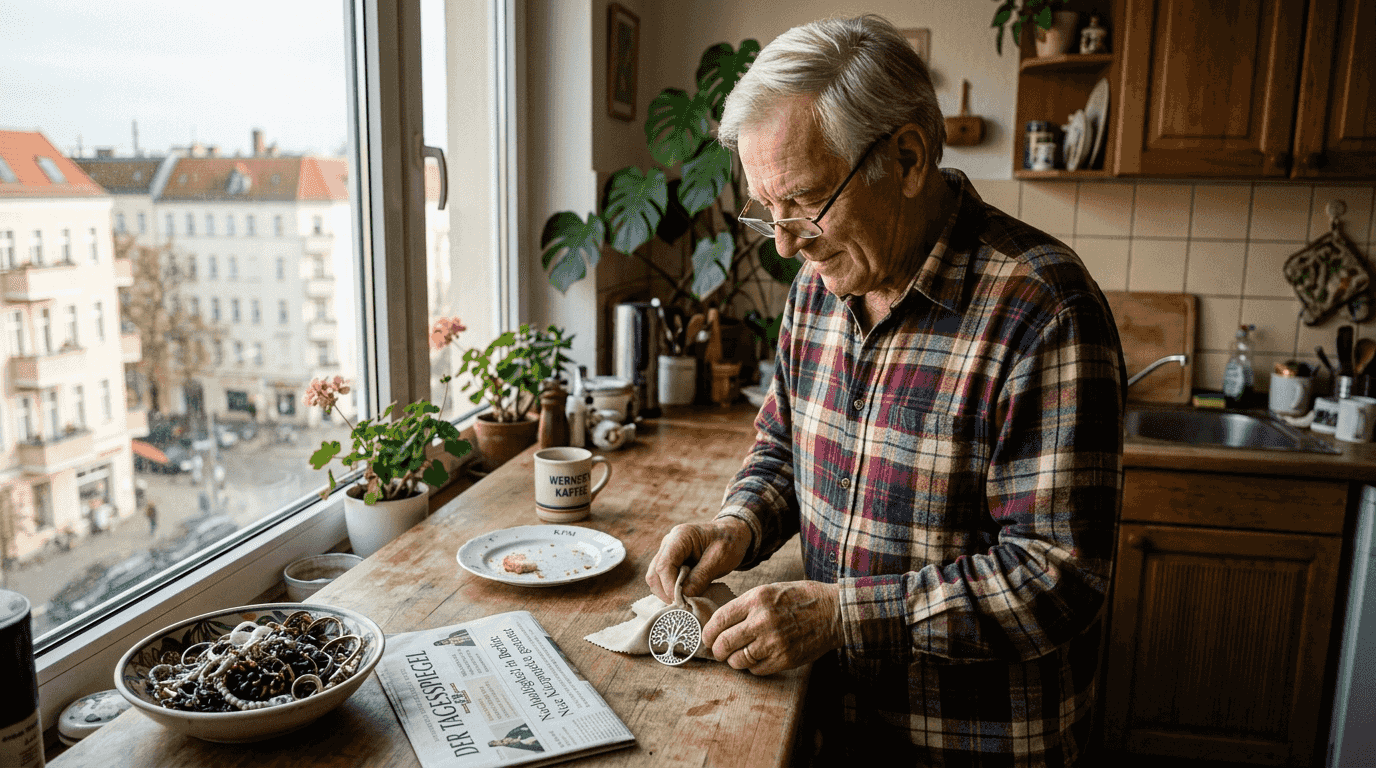 Ein Mann bringt einen Lebensbaum-Anhänger auf Hochglanz.