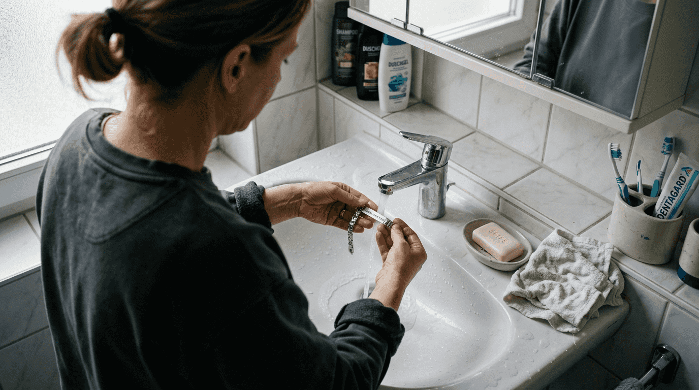 Edelstahlschmuck am Waschbecken im Bad reinigen