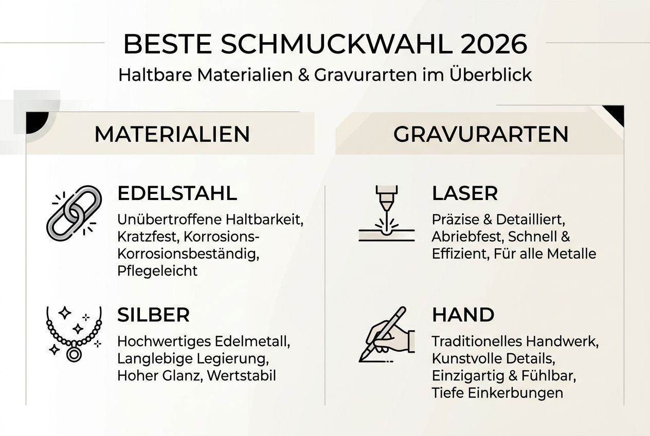 Überblick über Schmuckmaterialien und Gravurtechniken: Eine anschauliche Infografik