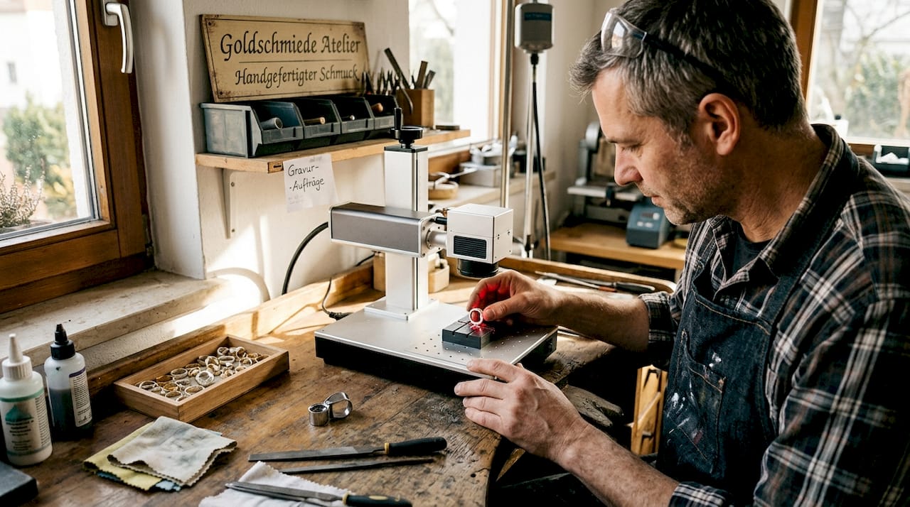 In seiner Werkstatt graviert der Goldschmied einen Silberring mit großer Sorgfalt und handwerklichem Geschick.