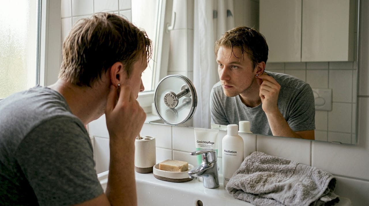 Ein Mann begutachtet seinen Piercingschmuck vor dem Badezimmerspiegel.