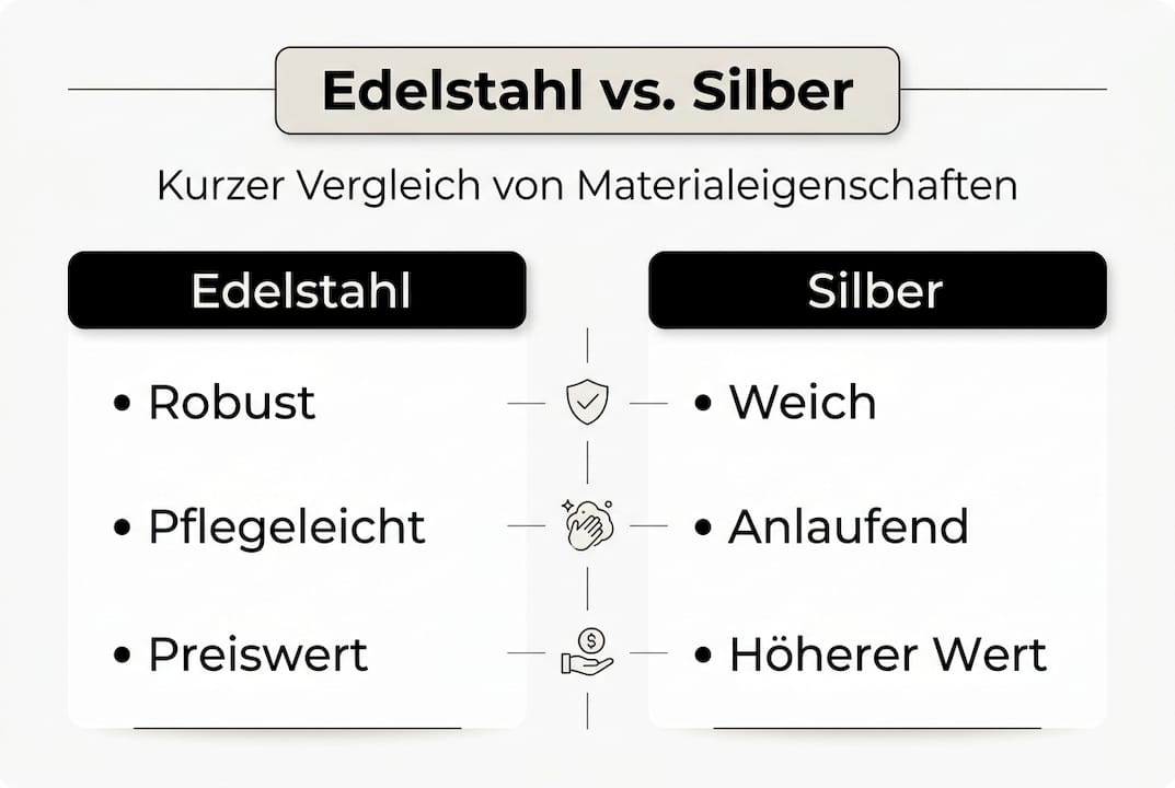 Infografik: Die wichtigsten Eigenschaften von Edelstahl und Silber im Vergleich
